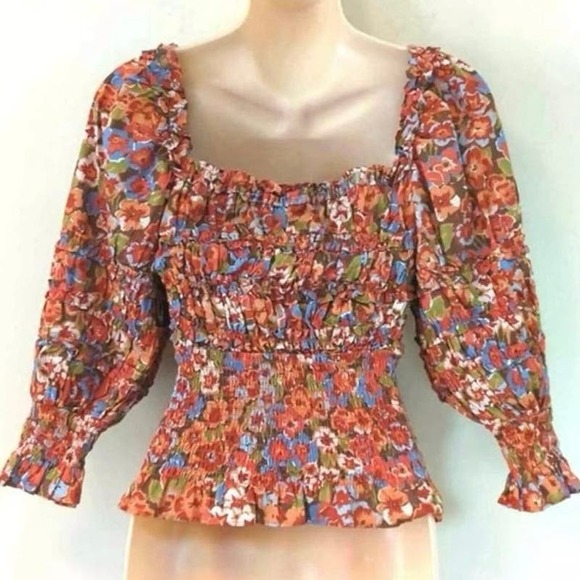 House of Harlow 1960 Womens Floral Boho Ruffle Neck Smocked Top Multicolor Sz XL - Picture 5 of 10